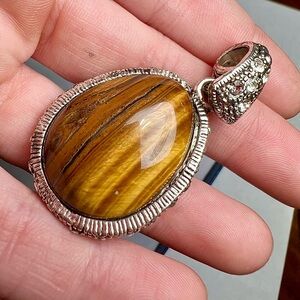 Vintage Tiger’s Eye Statement Pendant • Sparkling Crystal Bail